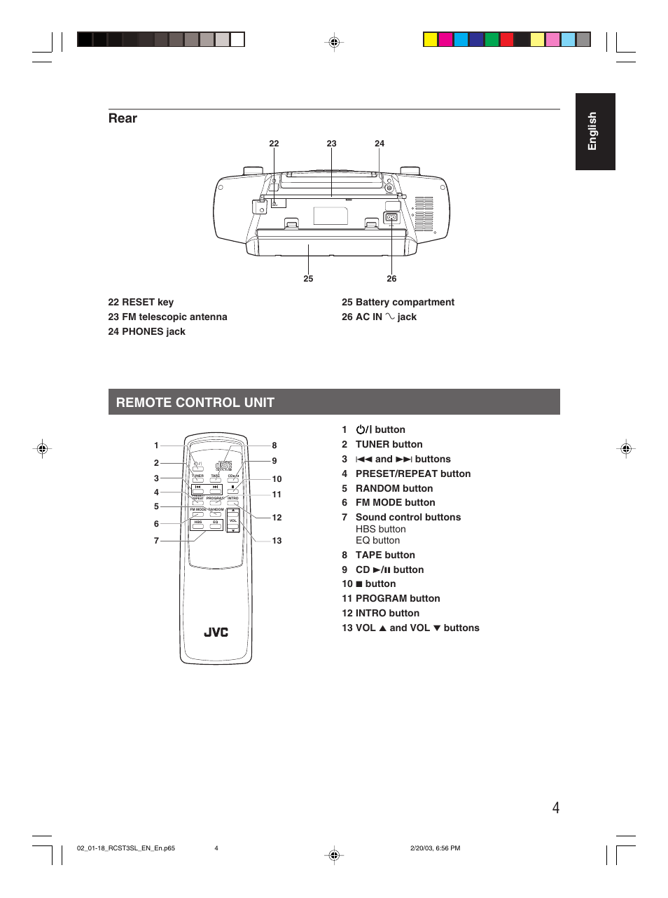 Remote control unit, Remote control unit rear, English | JVC LVT1000-004A User Manual | Page 52 / 67