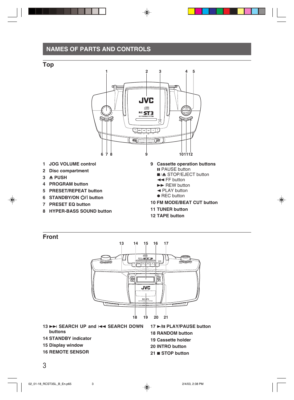 Names of parts and controls, Names of parts and controls top, Front | JVC LVT1000-004A User Manual | Page 6 / 67