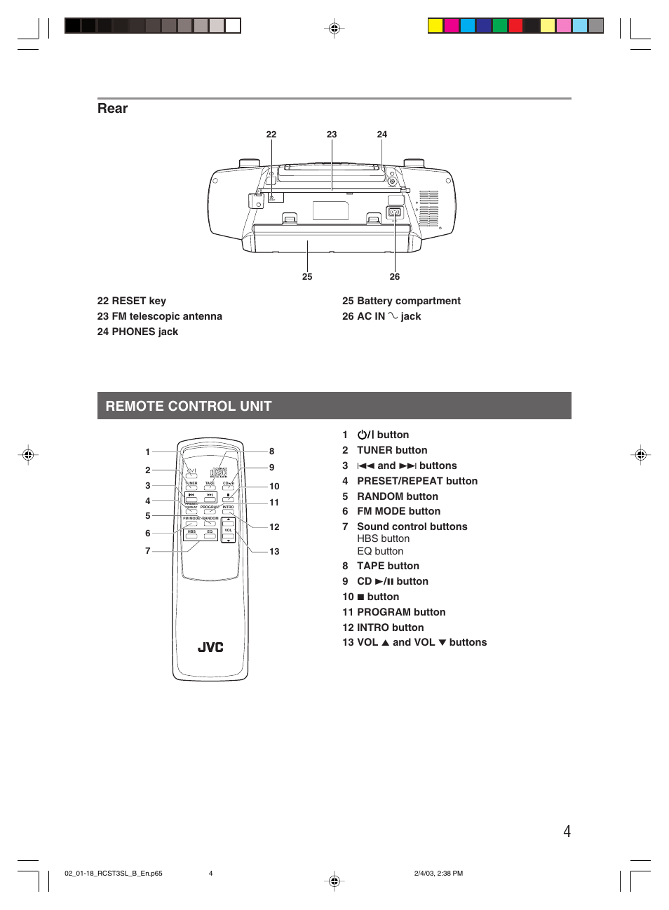 Remote control unit, Remote control unit rear | JVC LVT1000-004A User Manual | Page 7 / 67