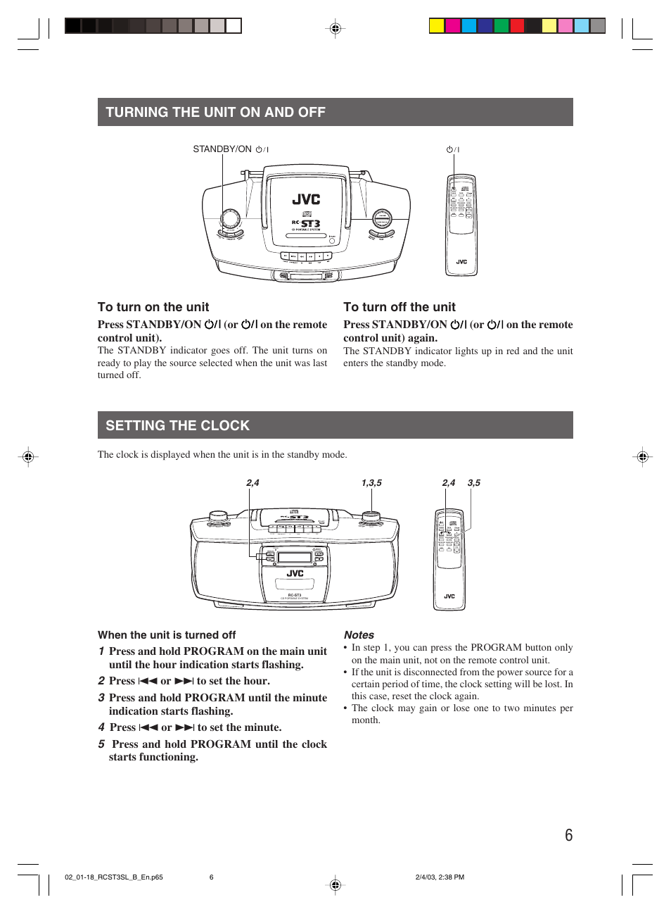 Turning the unit on and off, Setting the clock, Press standby/on (or on the remote control unit) | JVC LVT1000-004A User Manual | Page 9 / 67