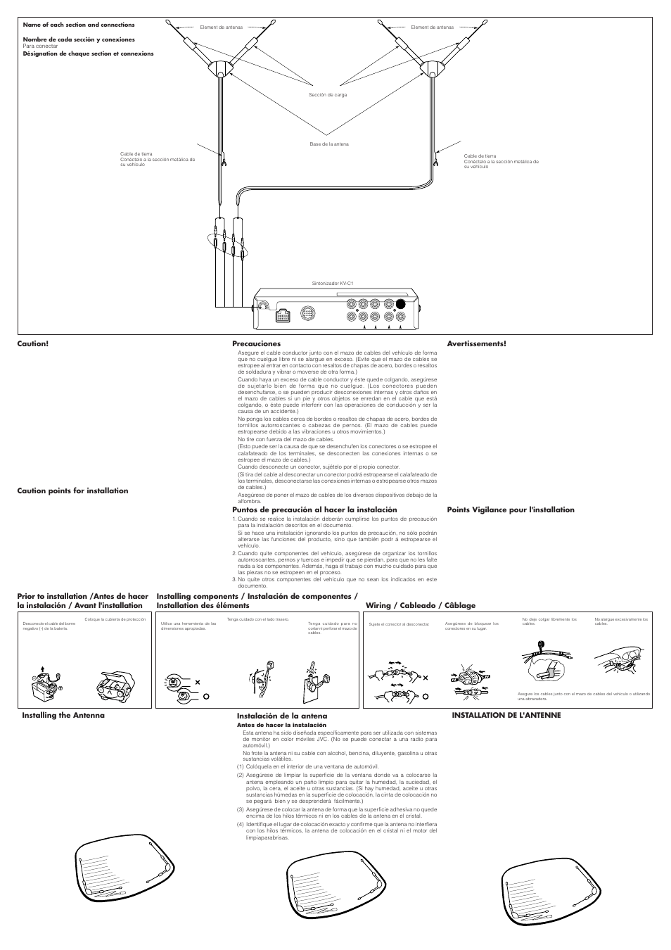 Installation de l'antenne, Installing the antenna, Caution | Caution points for installation, Precauciones, Puntos de precaución al hacer la instalación, Avertissements, Points vigilance pour l'installation, Instalación de la antena | JVC KV-C1 User Manual | Page 2 / 4