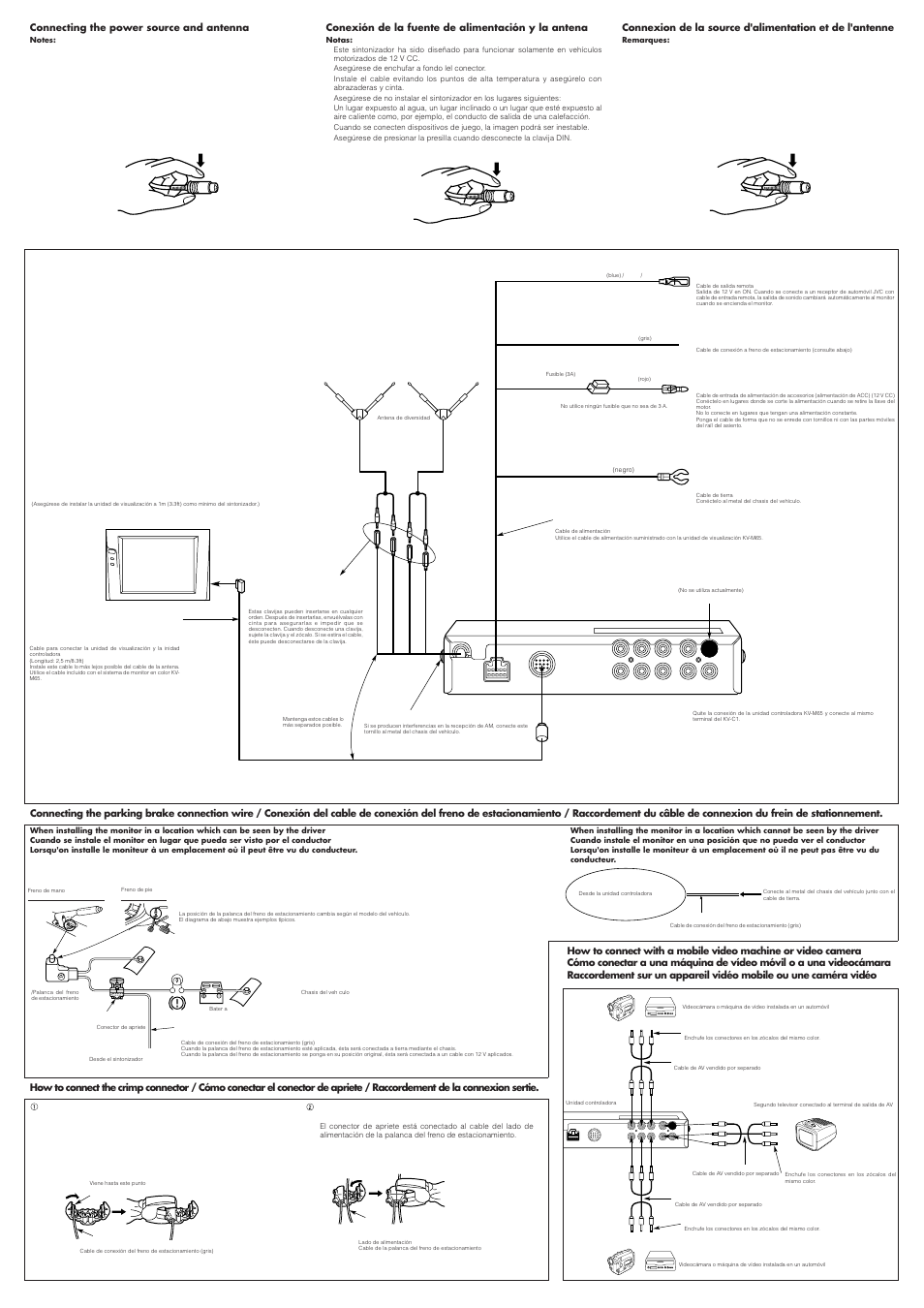 Connecting the power source and antenna, Conexión de la fuente de alimentación y la antena | JVC KV-C1 User Manual | Page 4 / 4