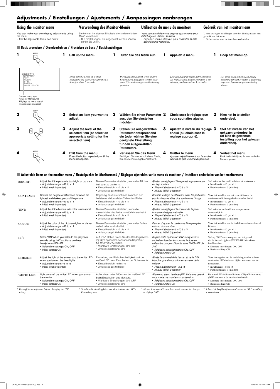 Adjustments, Using the monitor menu, Verwendung des monitor-menüs | Utilisation du menu du moniteur, Gebruik van het monitormenu | JVC KV-MH6510 User Manual | Page 10 / 36