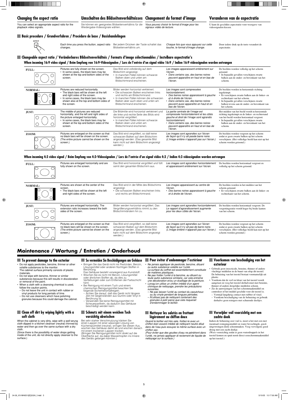 Maintenance, Maintenance / wartung / entretien / onderhoud, Changing the aspect ratio | Umschalten des bildseitenverhältnisses, Changement du format d’image, Veranderen van de aspectratio | JVC KV-MH6510 User Manual | Page 11 / 36