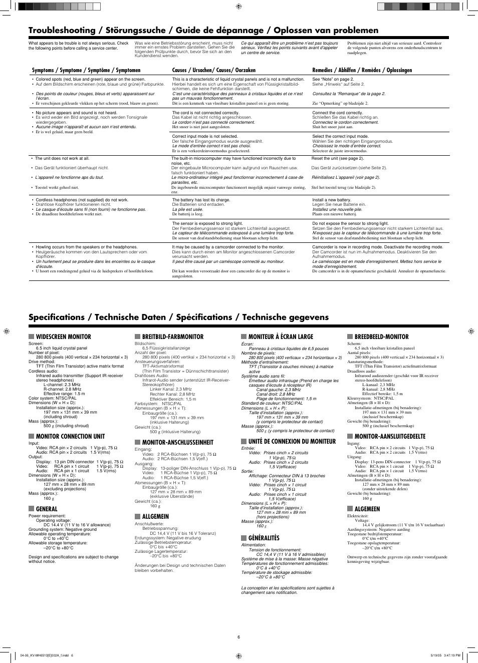 Troubleshooting, Specifications, Widescreen monitor | Monitor connection unit, General, Breitbild-farbmonitor, Monitor-anschlusseinheit, Allgemein, Breedbeeld-monitor, Monitor-aansluitgedeelte | JVC KV-MH6510 User Manual | Page 12 / 36