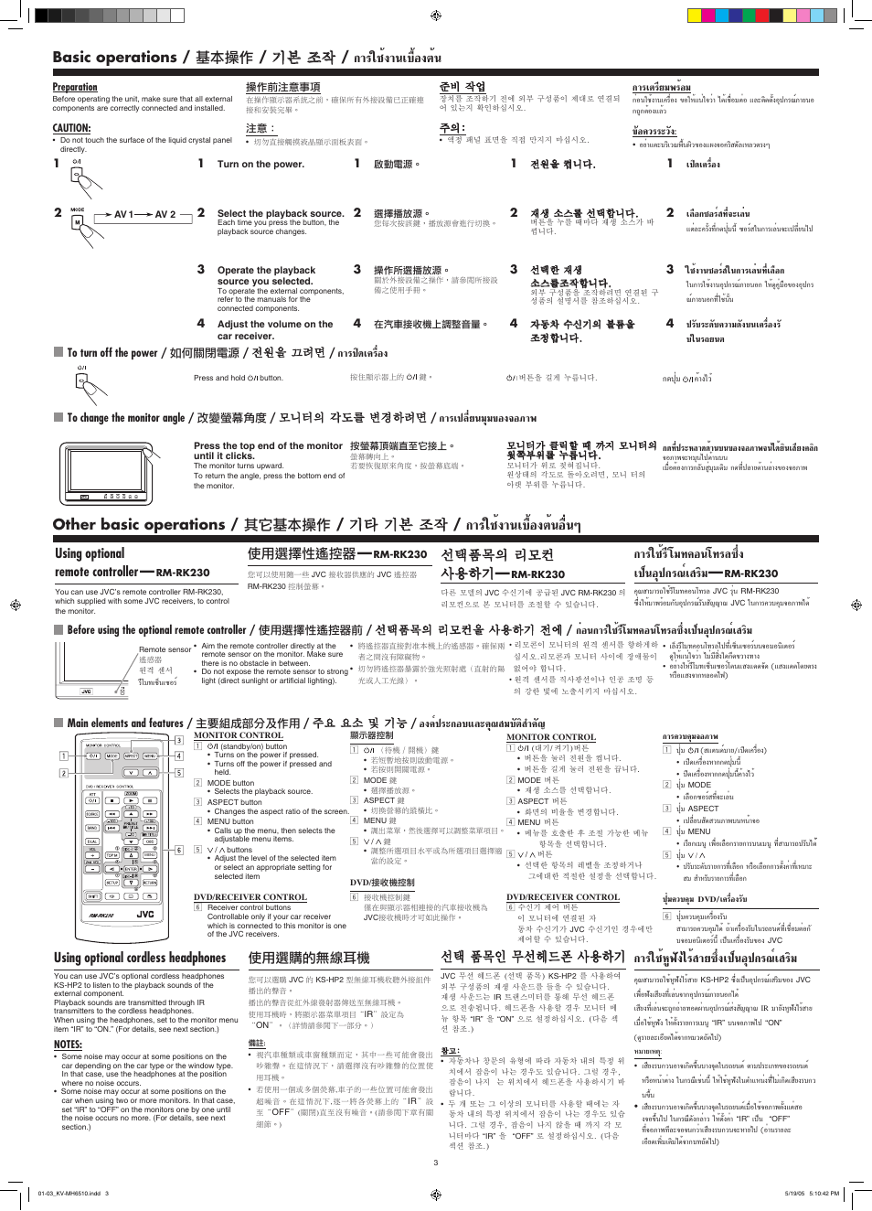 Basic operations, Other basic operations, Èß“π‡∫◊èõßµèπõ◊ëπê | Èß“π‡∫◊èõßµèπ, Èàÿø—я‰√и “¬´чля‡ªáπõÿª°√≥п, È√’‚¡∑§хπ‚∑√≈´чля ‡ªáπõÿª°√≥ï, Basic operations / 基本操作 / 기본 조작, Other basic operations / 其它基本操作 / 기타 기본 조작, Лхπ°“√„™и√’‚¡∑§хπ‚∑√≈´чля‡ªáπõÿª°√≥ï, Õß§пª√–°х∫·≈–§я≥ ¡∫—µ | JVC KV-MH6510 User Manual | Page 15 / 36