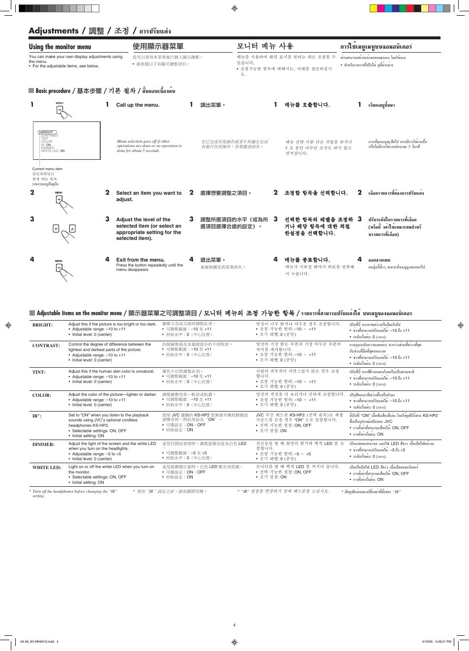 Adjustments, ª√—∫·µàß, È‡¡πÿ‡¡πÿ∫π®õ¡õπ‘‡µх | Adjustments / 調整 / 조정, Using the monitor menu, 使用顯示器菜單, 모니터 메뉴 사용, Ë “¡“√∂ª√—∫·µля‰¥и ∫π‡¡πÿ¢хя®х¡хπ‘‡µх, Èπµõπ‡∫◊èõßµèπ | JVC KV-MH6510 User Manual | Page 16 / 36