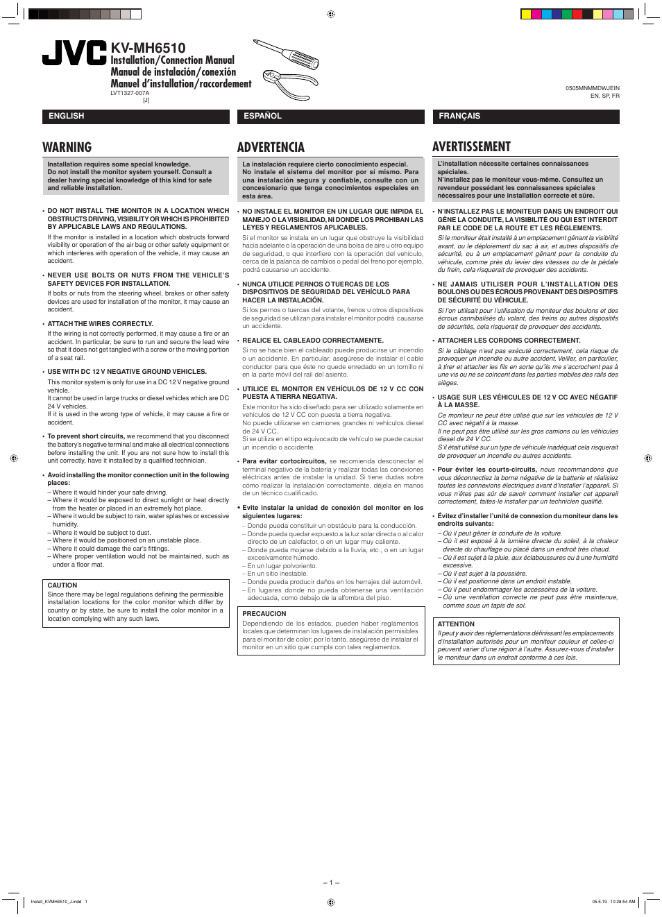 Installation/connection manual, Warning, Caution | Kv-mh6510, Advertencia, Avertissement | JVC KV-MH6510 User Manual | Page 19 / 36