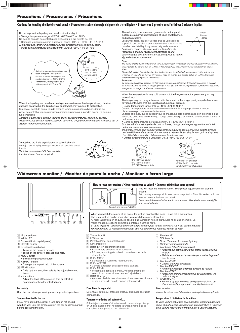Precautions, Widescreen monitor, Precautions / precauciones / précautions | JVC KV-MH6510 User Manual | Page 2 / 36