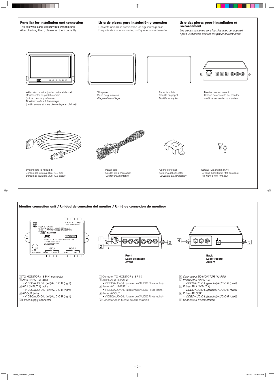 Parts list for installation and connection, Monitor connection unit | JVC KV-MH6510 User Manual | Page 20 / 36