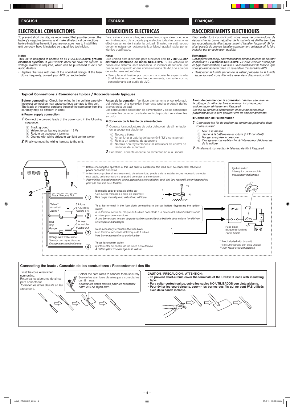 Electrical connections, Conexiones electricas, Raccordements electriques | JVC KV-MH6510 User Manual | Page 22 / 36