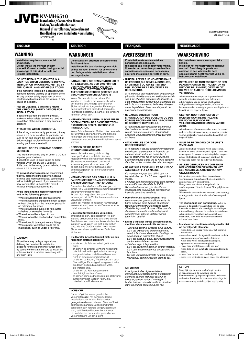 Installation/connection manual, Warning, Caution | Kv-mh6510, Avertissement, Warnungen, Waarschuwing | JVC KV-MH6510 User Manual | Page 25 / 36
