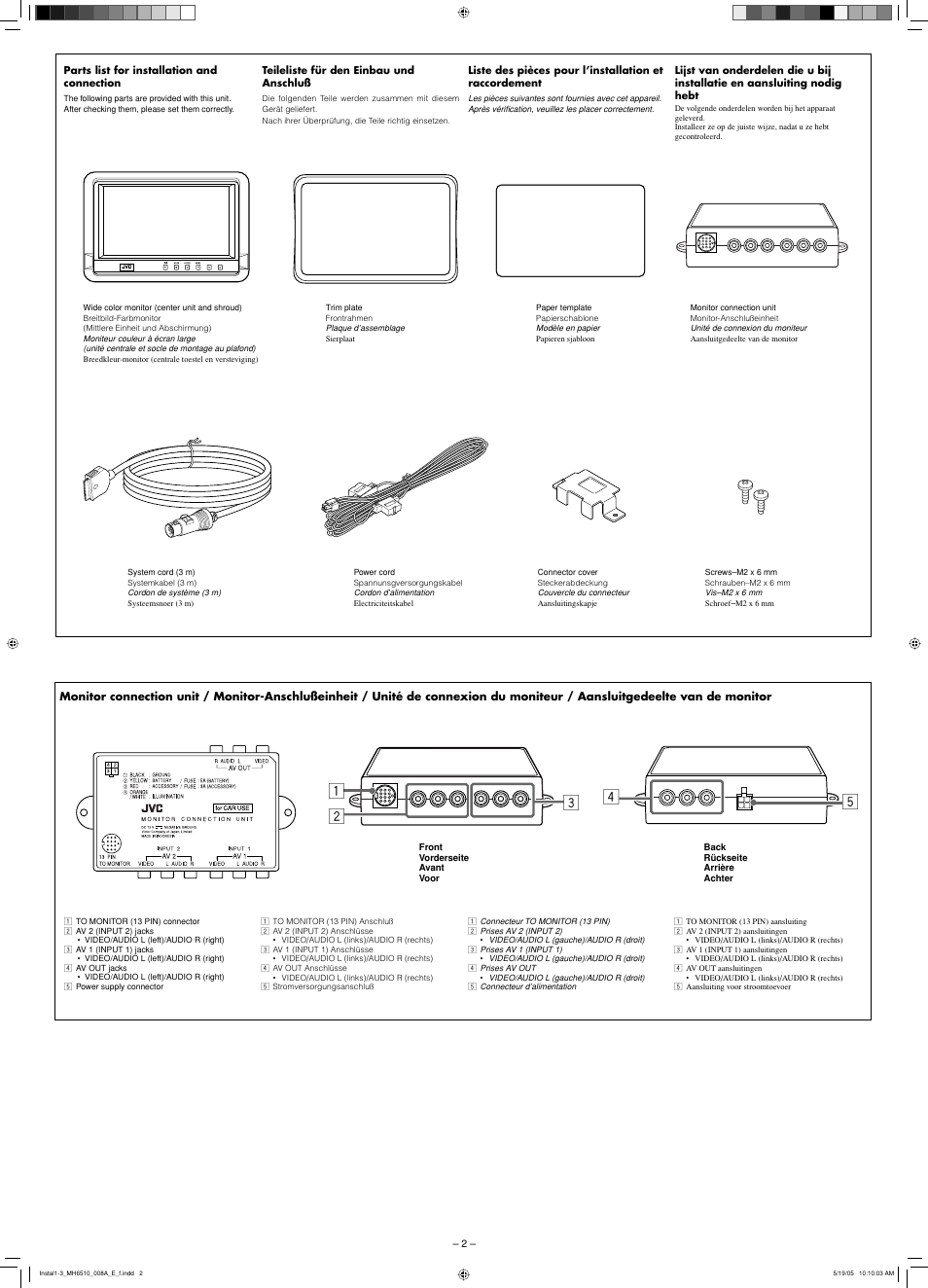 Parts list for installation and connection, Monitor connection unit | JVC KV-MH6510 User Manual | Page 26 / 36
