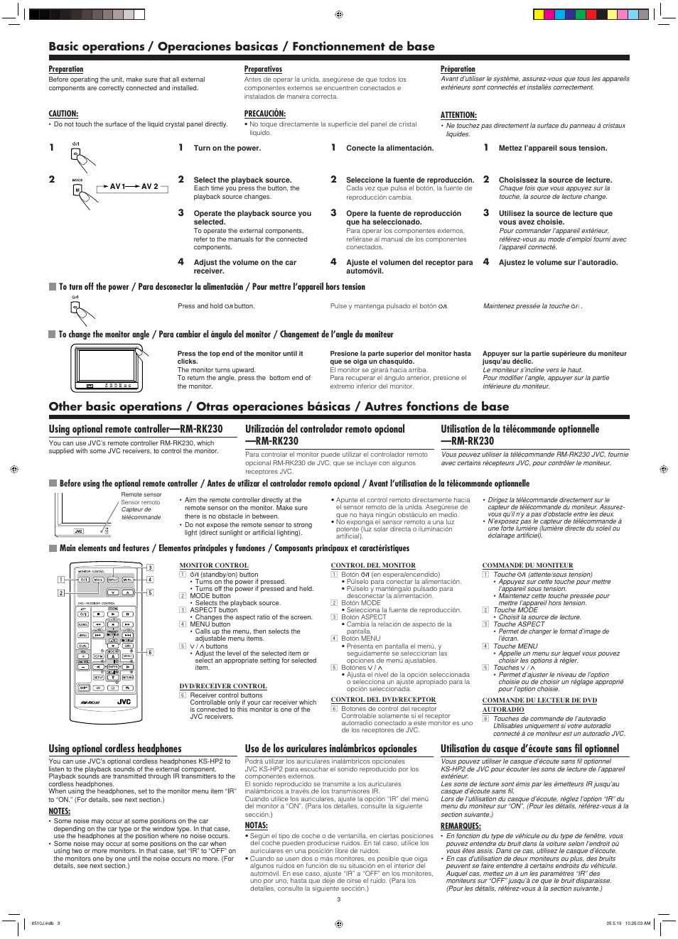 Basic operations, Other basic operations, Operaciones basicas / fonctionnement de base | Using optional cordless headphones, Uso de los auriculares inalámbricos opcionales, Utilisation du casque d’écoute sans fil optionnel, Using optional remote controller—rm-rk230 | JVC KV-MH6510 User Manual | Page 3 / 36