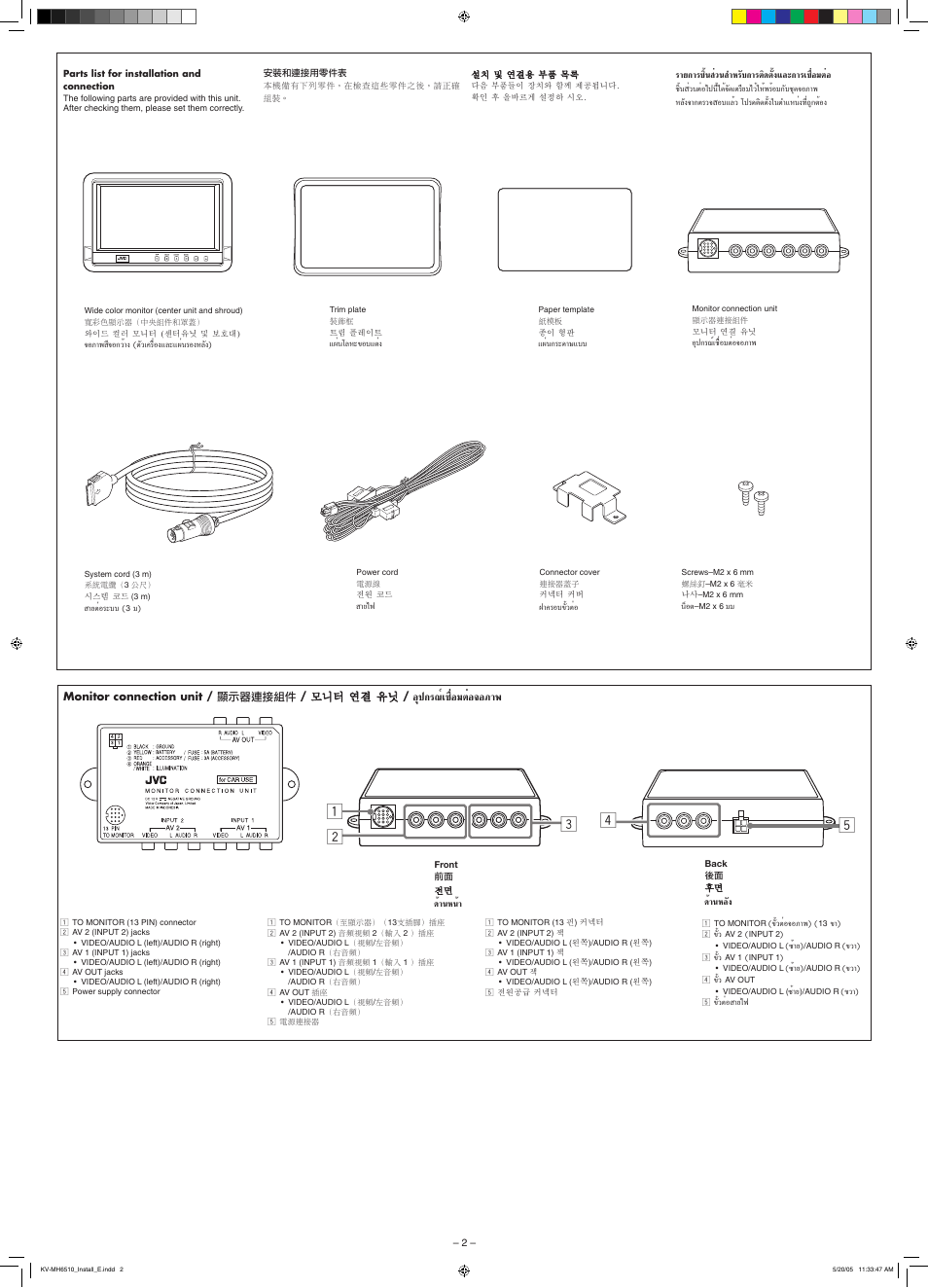 Parts list for installation and connection, Monitor connection unit, Хяª°√≥п‡™◊лх¡µлх®х¿“ж | JVC KV-MH6510 User Manual | Page 32 / 36