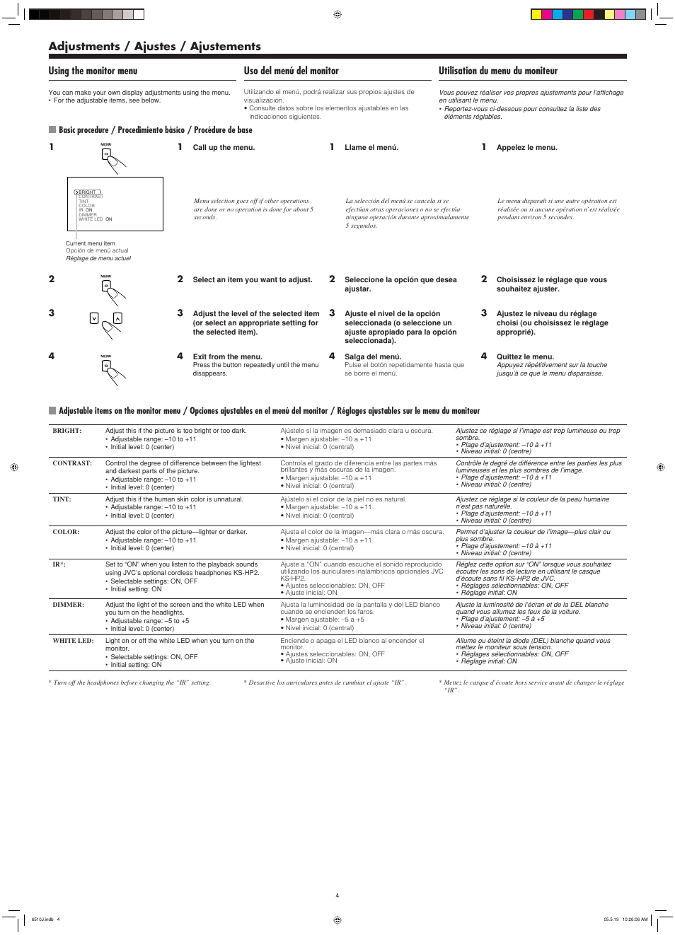 Adjustments, Adjustments / ajustes / ajustements, Using the monitor menu | Uso del menú del monitor, Utilisation du menu du moniteur | JVC KV-MH6510 User Manual | Page 4 / 36