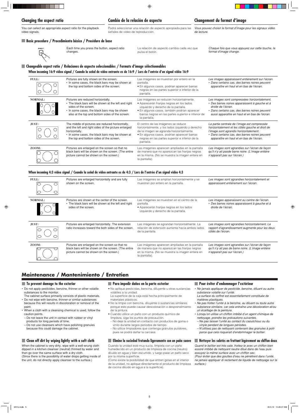 Maintenance, Maintenance / mantenimiento / entretien, Changing the aspect ratio | Cambio de la relación de aspecto, Changement du format d’image | JVC KV-MH6510 User Manual | Page 5 / 36