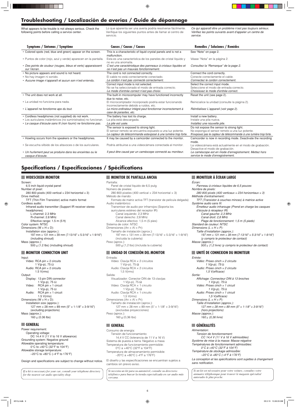 Troubleshooting, Specifications, Specifications / especificaciones / spécifications | JVC KV-MH6510 User Manual | Page 6 / 36
