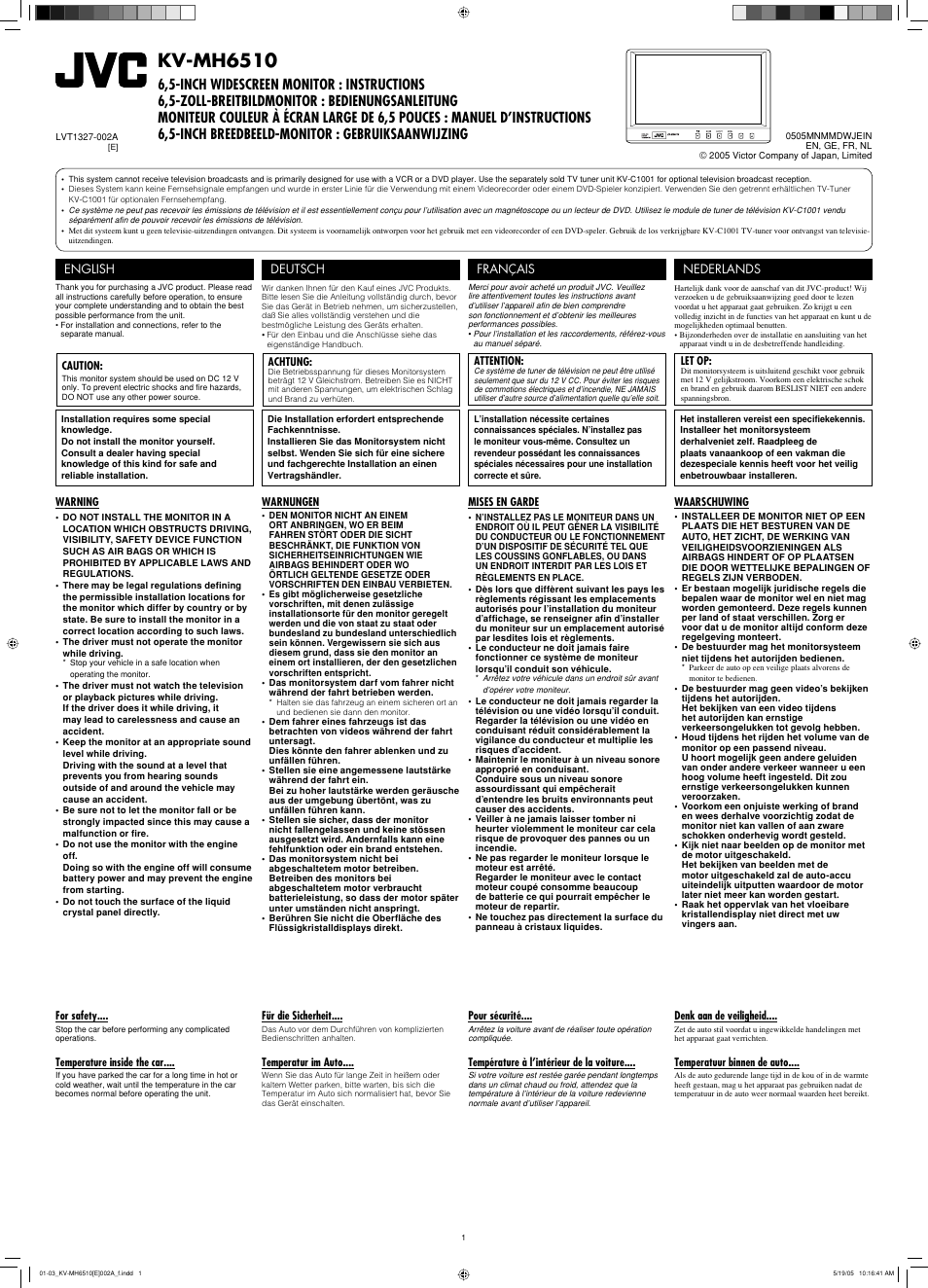 Caution, Warning, For safety | Temperature inside the car, Kv-mh6510 | JVC KV-MH6510 User Manual | Page 7 / 36