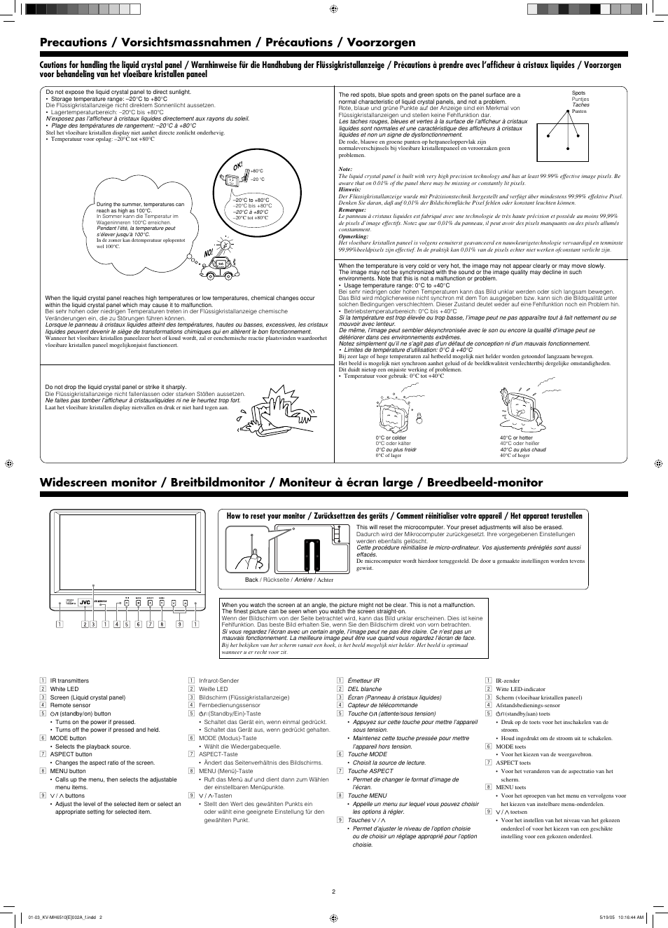 Precautions, Widescreen monitor | JVC KV-MH6510 User Manual | Page 8 / 36