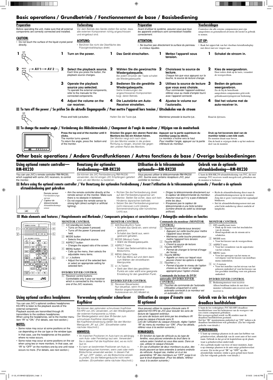 Basic operations, Other basic operations, Using optional cordless headphones | Utilisation du casque d’ésoute sans fil optionnel, Verwendung optionaler schnurloser kopfhörer, Using optional remote controller— rm-rk230, Benutzung der optionalen fernbedienung—rm-rk230 | JVC KV-MH6510 User Manual | Page 9 / 36