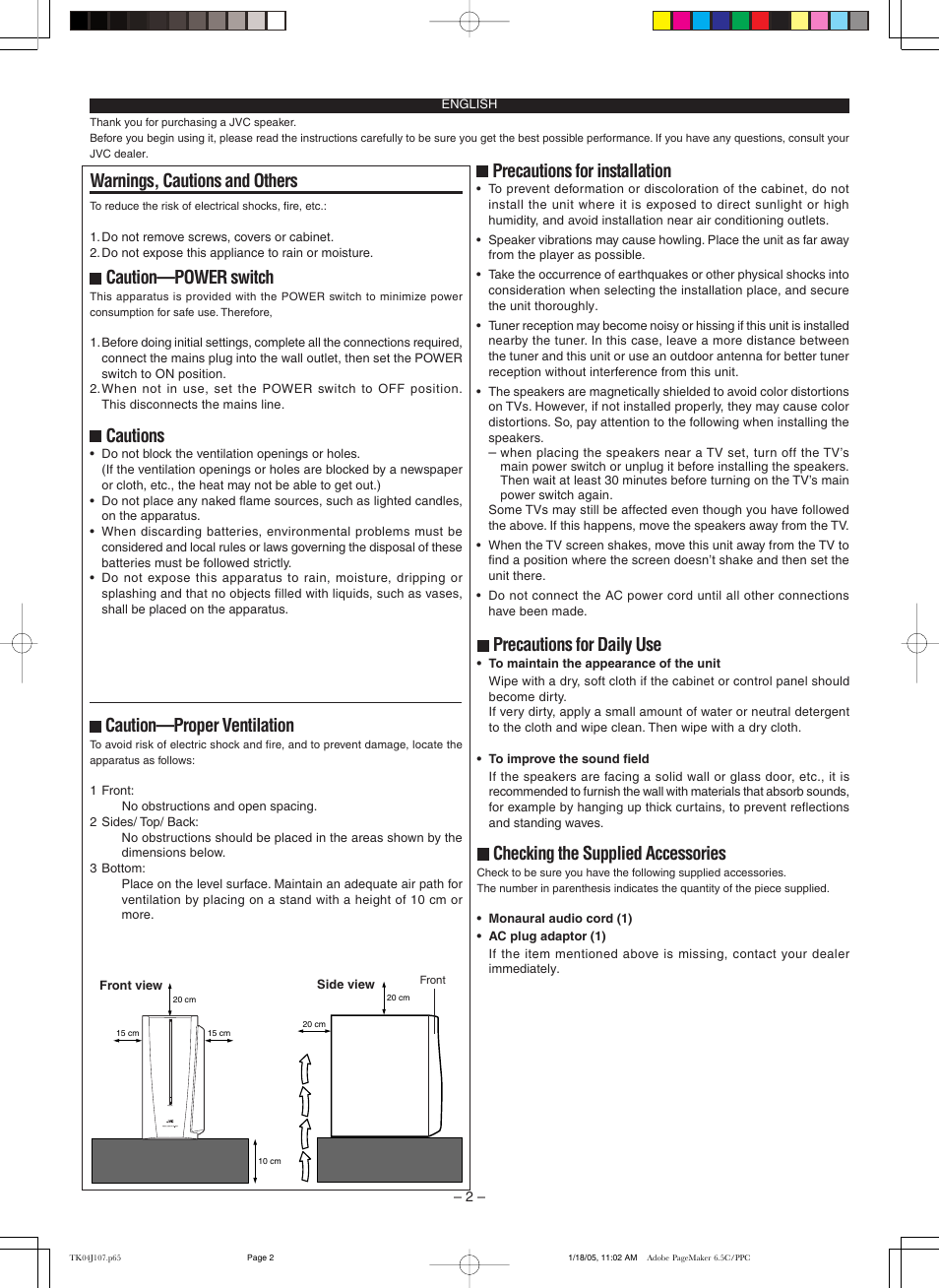 Warnings, cautions and others, Precautions for installation, Precautions for daily use | Checking the supplied accessories, Caution—power switch, Cautions, Caution—proper ventilation | JVC SP-DWF31 LVT1305-004A User Manual | Page 2 / 5