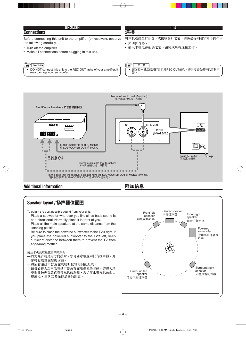 Connections, Additional information, Speaker layout | JVC SP-DWF31 LVT1305-004A User Manual | Page 3 / 5