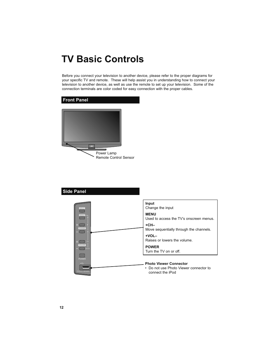 Tv basic controls, Front panel, Side panel | Front panel side panel | JVC 0708TSH-II-IM User Manual | Page 12 / 52