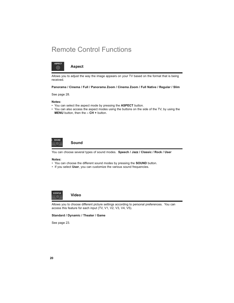 Aspect, Sound, Video | Remote control functions | JVC 0708TSH-II-IM User Manual | Page 20 / 52