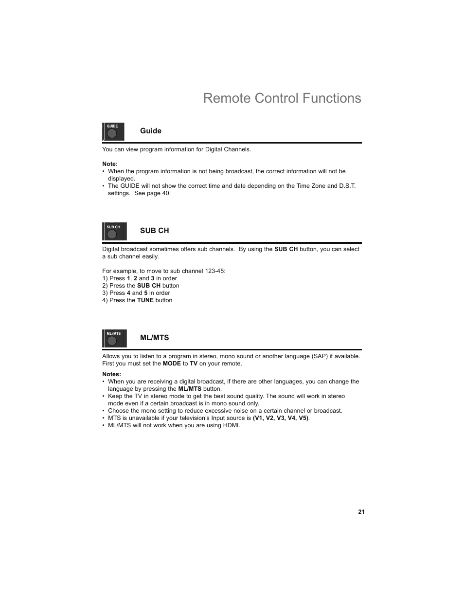Guide, Sub ch, Ml/mts | Remote control functions | JVC 0708TSH-II-IM User Manual | Page 21 / 52