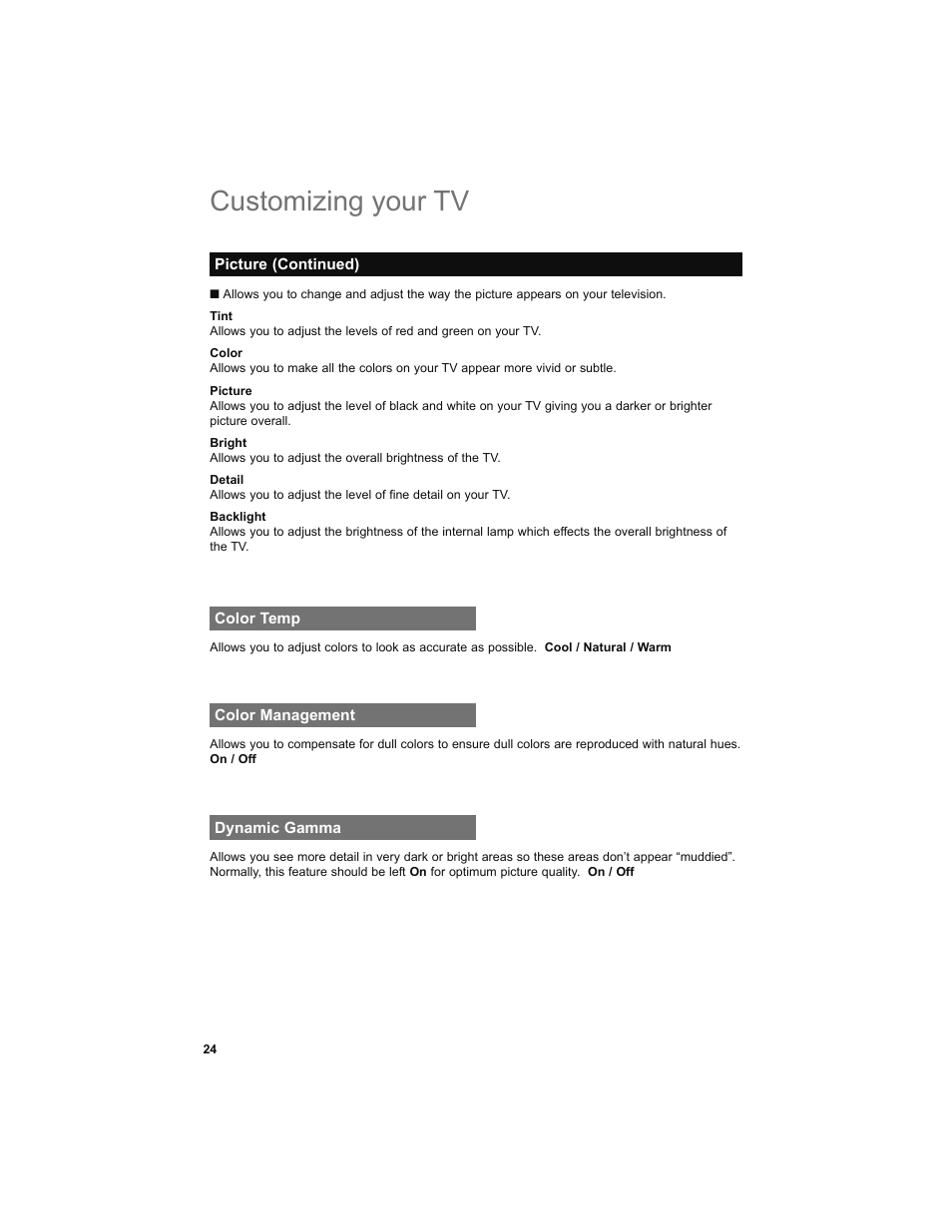Color temp, Color management, Dynamic gamma | Customizing your tv | JVC 0708TSH-II-IM User Manual | Page 24 / 52