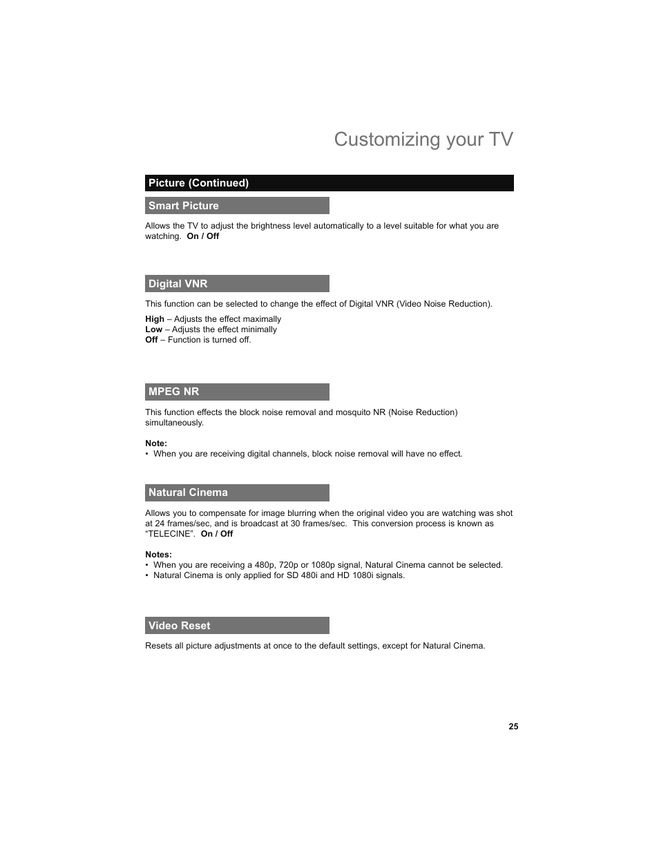 Smart picture, Digital vnr, Mpeg nr | Natural cinema, Video reset, Customizing your tv | JVC 0708TSH-II-IM User Manual | Page 25 / 52