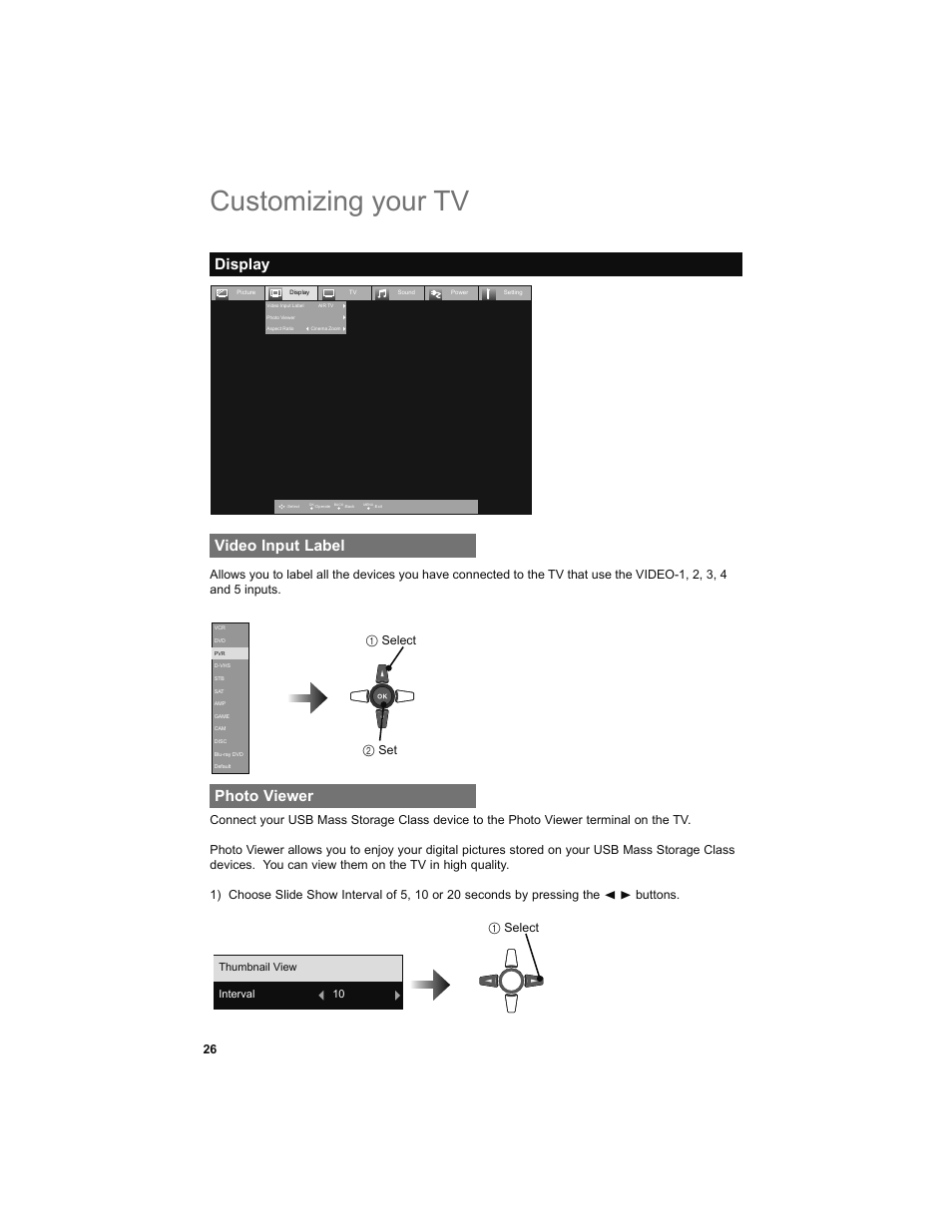 Display, Video input label, Photo viewer | Customizing your tv, 1select 2 set | JVC 0708TSH-II-IM User Manual | Page 26 / 52