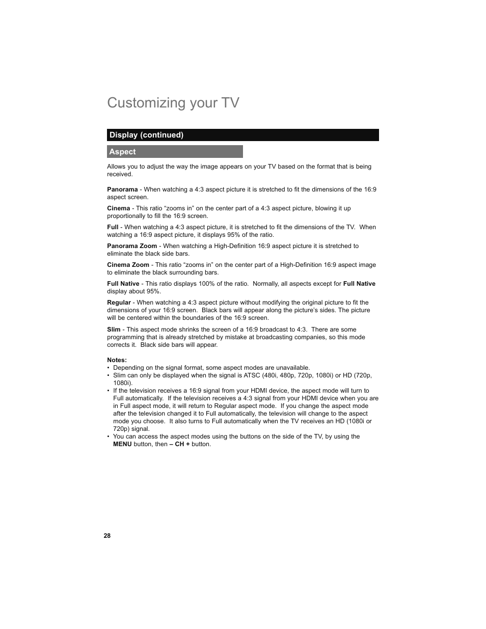 Aspect, Customizing your tv | JVC 0708TSH-II-IM User Manual | Page 28 / 52