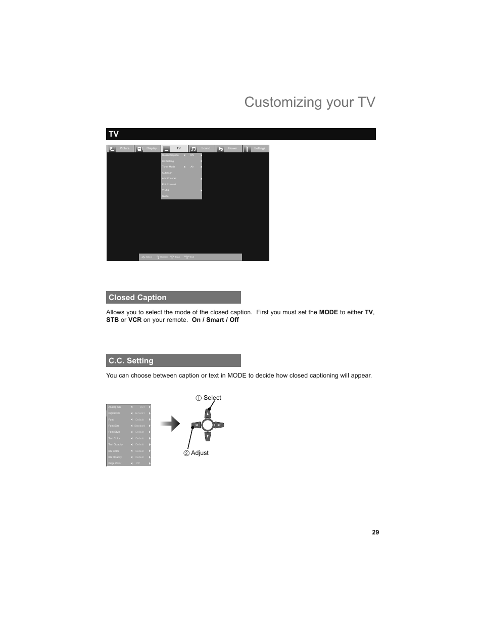 Closed caption, C.c. setting, Customizing your tv | JVC 0708TSH-II-IM User Manual | Page 29 / 52