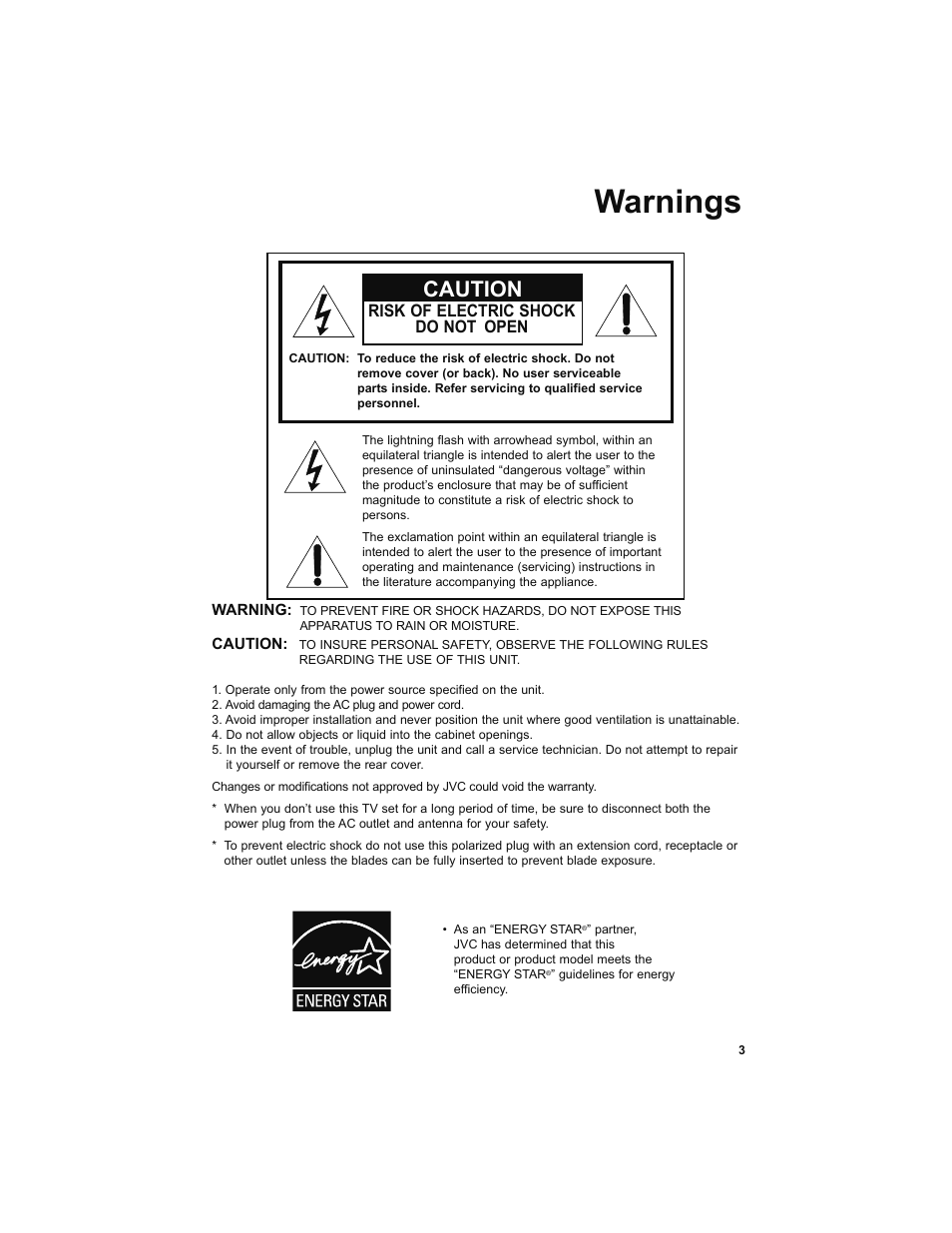 Warnings, Caution, Risk of electric shock do not open | JVC 0708TSH-II-IM User Manual | Page 3 / 52