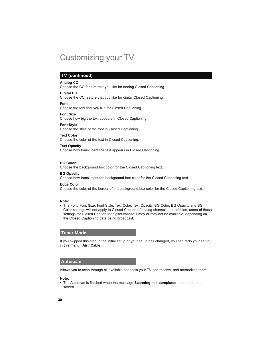 Tuner mode, Autoscan, Customizing your tv | JVC 0708TSH-II-IM User Manual | Page 30 / 52