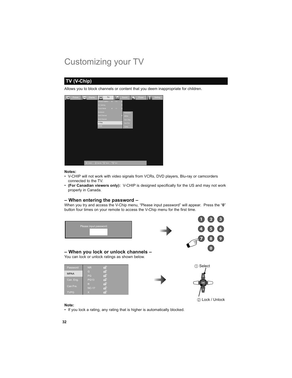 Tv (v-chip), Customizing your tv, When entering the password | When you lock or unlock channels | JVC 0708TSH-II-IM User Manual | Page 32 / 52