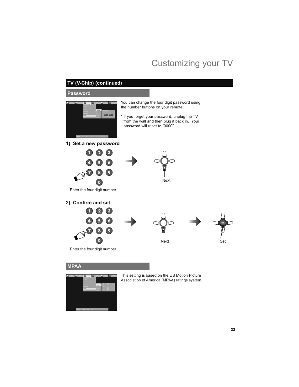 Password, Mpaa, Customizing your tv | 1) set a new password, 2) confi rm and set, Tv (v-chip) (continued), Back, Menu, Next | JVC 0708TSH-II-IM User Manual | Page 33 / 52