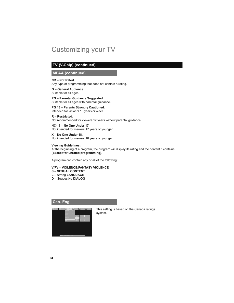Can. eng, Customizing your tv, Mpaa (continued) | Tv (v-chip) (continued), Back, Menu, This setting is based on the canada ratings system | JVC 0708TSH-II-IM User Manual | Page 34 / 52