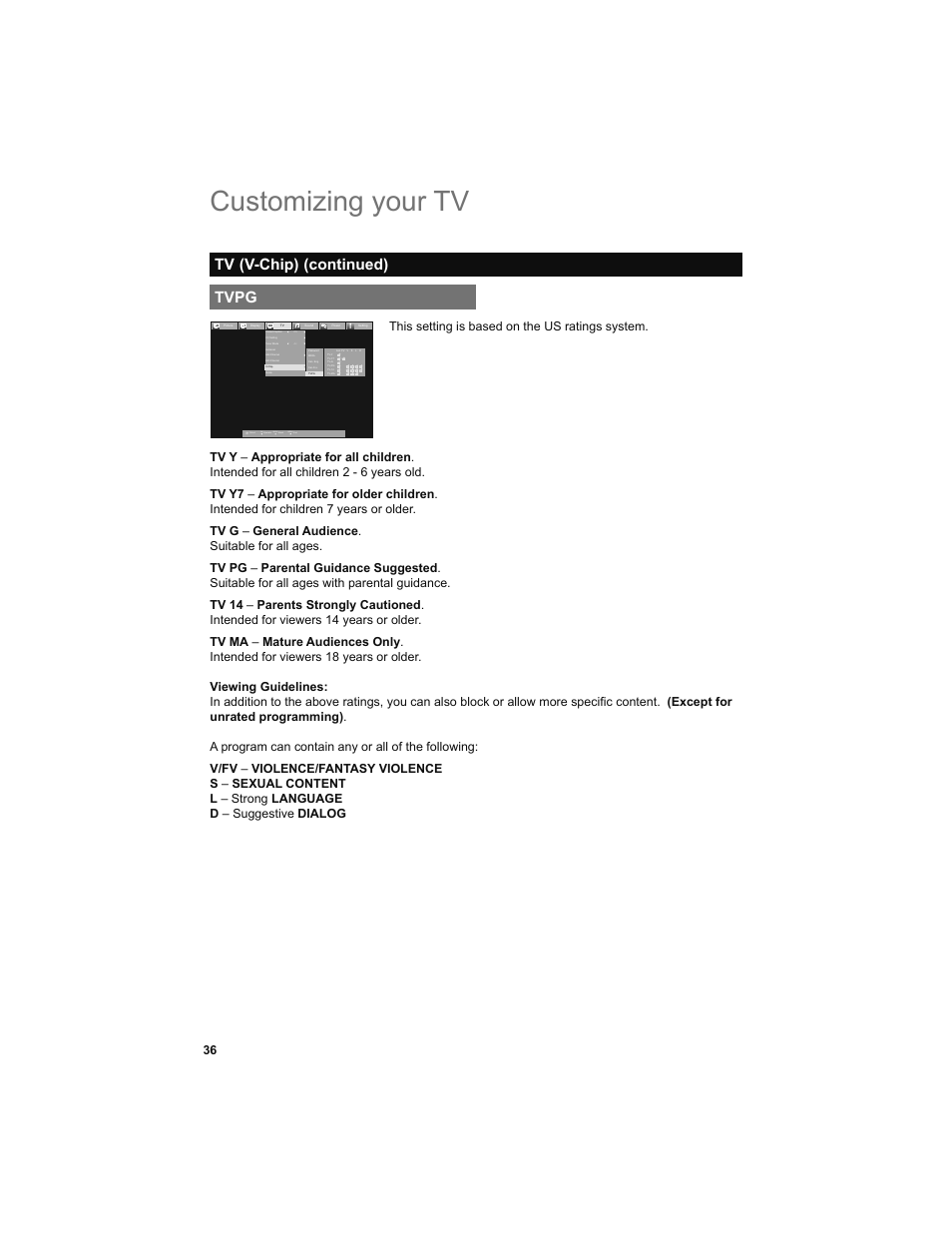 Tvpg, Customizing your tv, Tv (v-chip) (continued) | Back, Menu, This setting is based on the us ratings system | JVC 0708TSH-II-IM User Manual | Page 36 / 52
