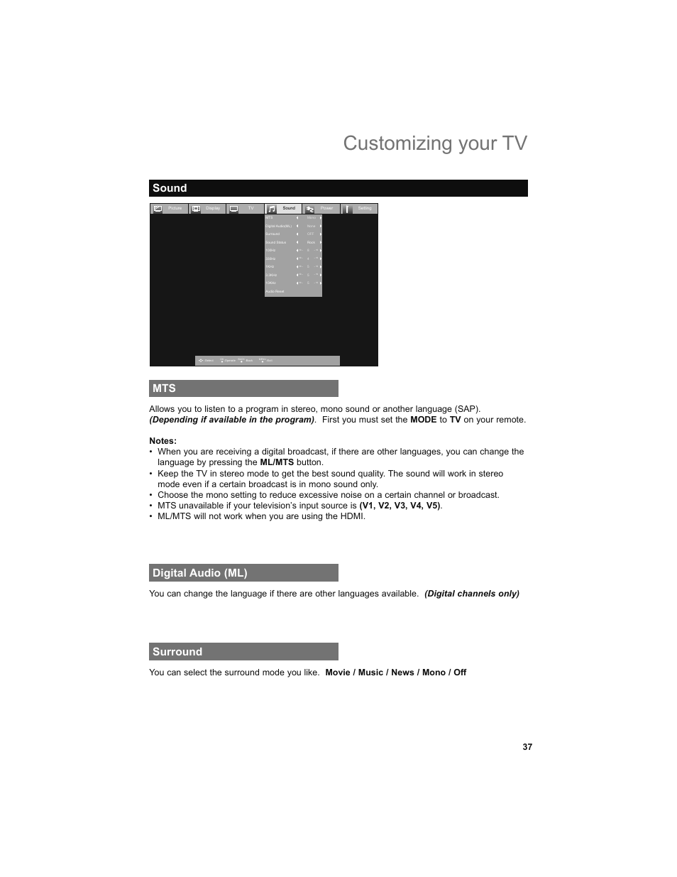 Sound, Digital audio (ml), Surround | Customizing your tv, Sound mts | JVC 0708TSH-II-IM User Manual | Page 37 / 52