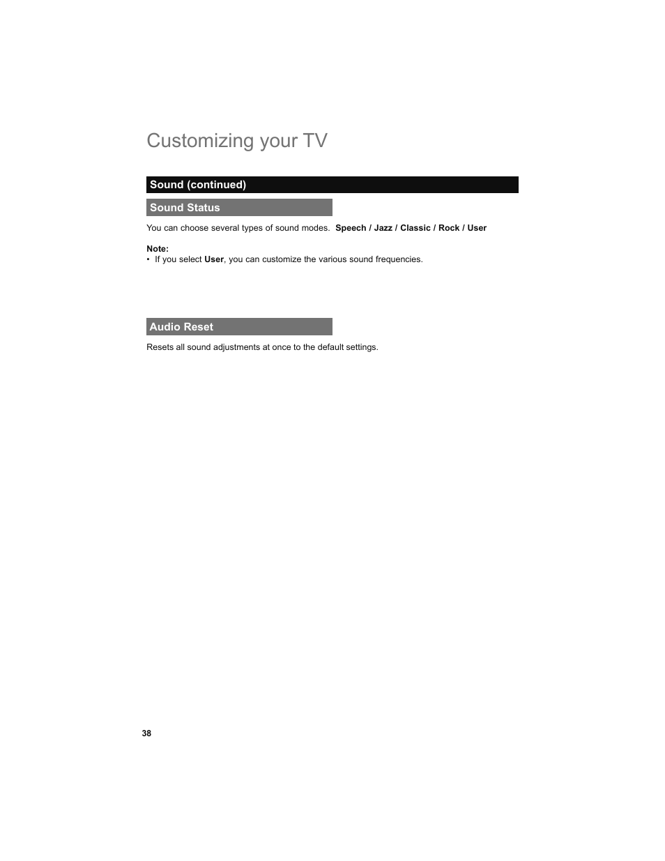 Sound status, Audio reset, Customizing your tv | JVC 0708TSH-II-IM User Manual | Page 38 / 52