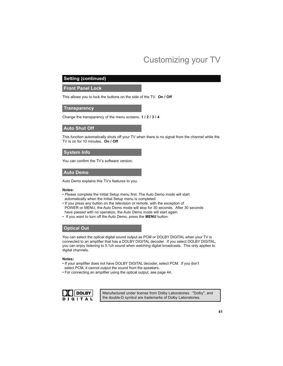 Front panel lock, Transparency, Auto shut off | System info, Auto demo, Optical out, Customizing your tv | JVC 0708TSH-II-IM User Manual | Page 41 / 52