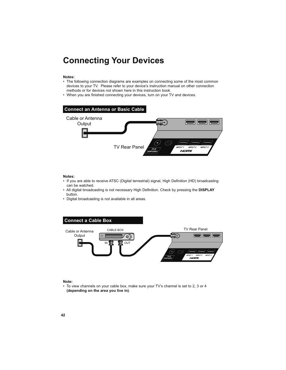Connecting your devices, Connect an antenna or basic cable, Connect a cable box | Tv rear panel cable or antenna output | JVC 0708TSH-II-IM User Manual | Page 42 / 52