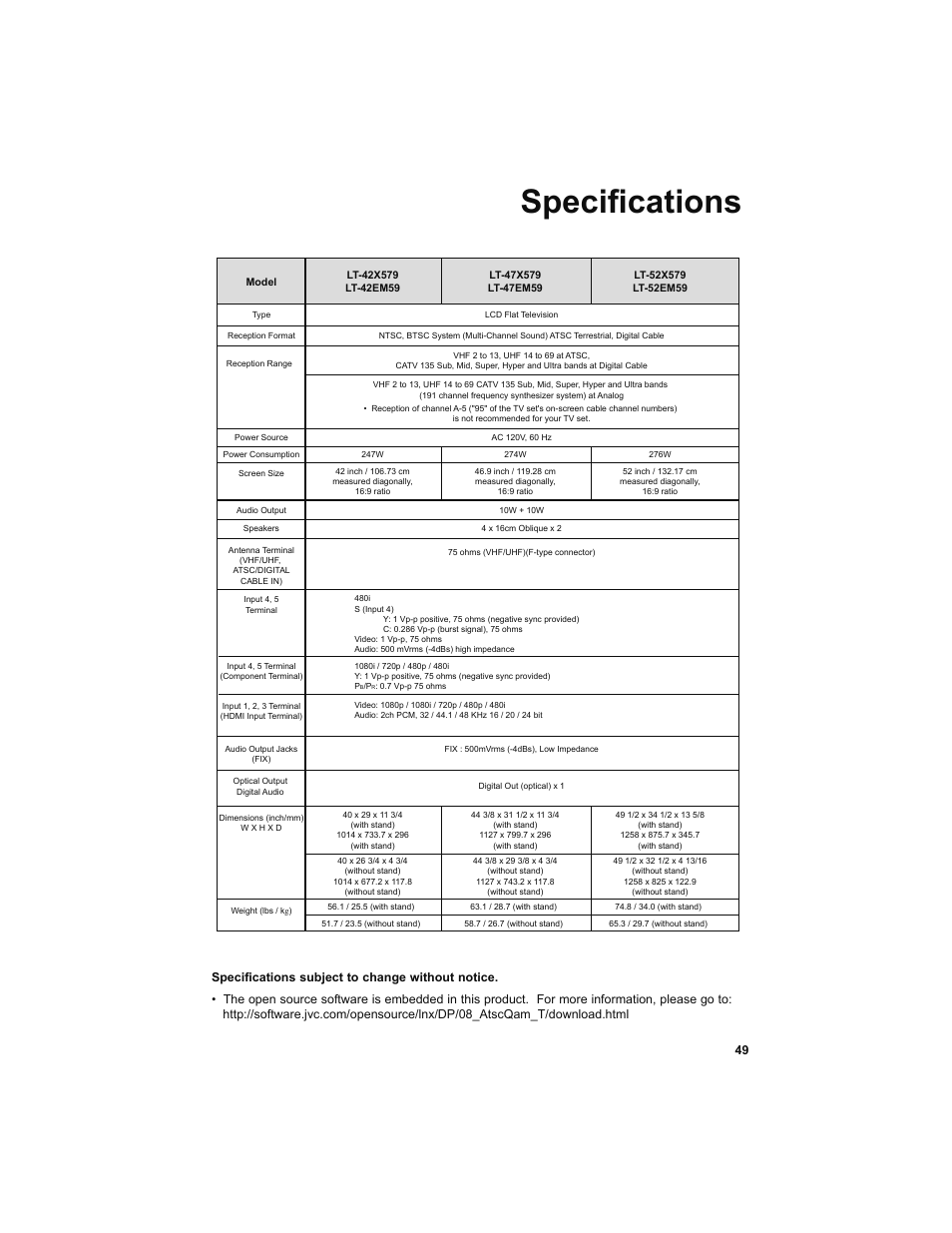 Specifications, Specifi cations | JVC 0708TSH-II-IM User Manual | Page 49 / 52