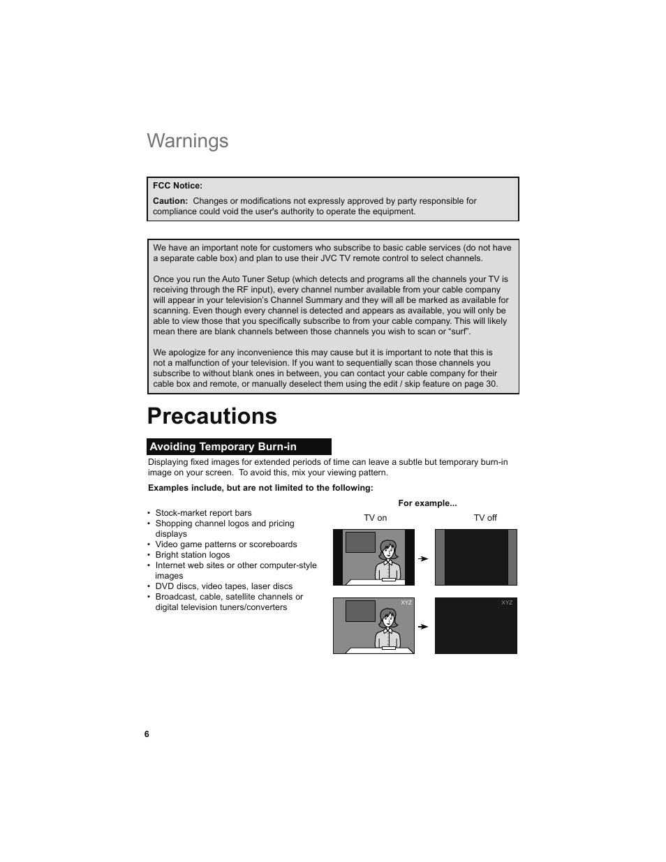 Precautions, Avoiding temporary burn-in, Warnings | JVC 0708TSH-II-IM User Manual | Page 6 / 52