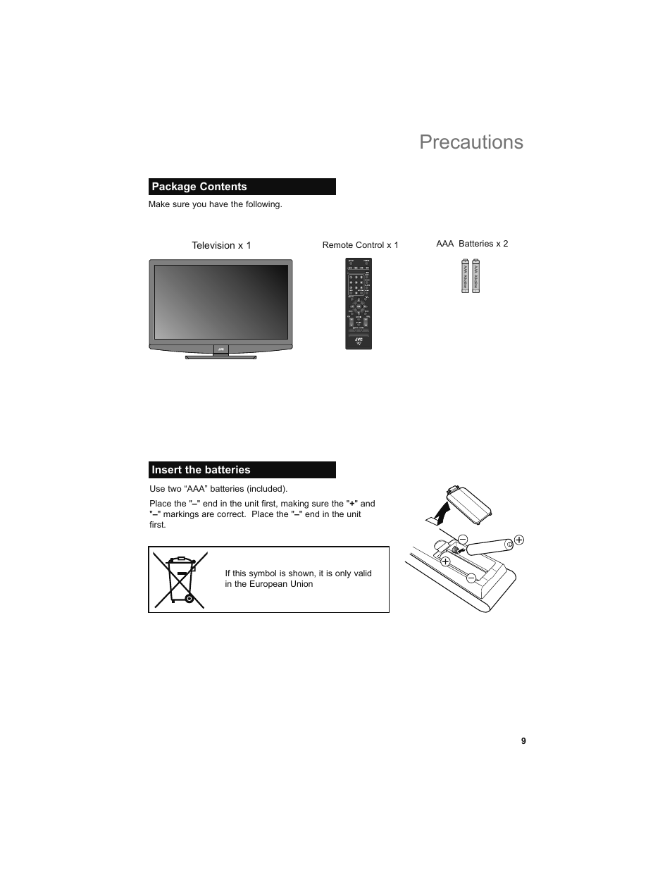 Package contents, Insert the batteries, Precautions | Television x 1 | JVC 0708TSH-II-IM User Manual | Page 9 / 52
