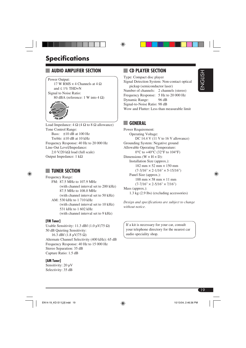 Specifications, English, General | JVC TH-S11 User Manual | Page 19 / 56