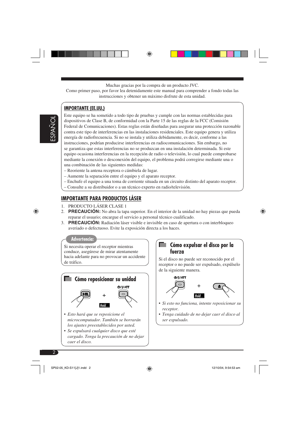 Esp añol, Cómo expulsar el disco por la fuerza, Cómo reposicionar su unidad | JVC TH-S11 User Manual | Page 20 / 56